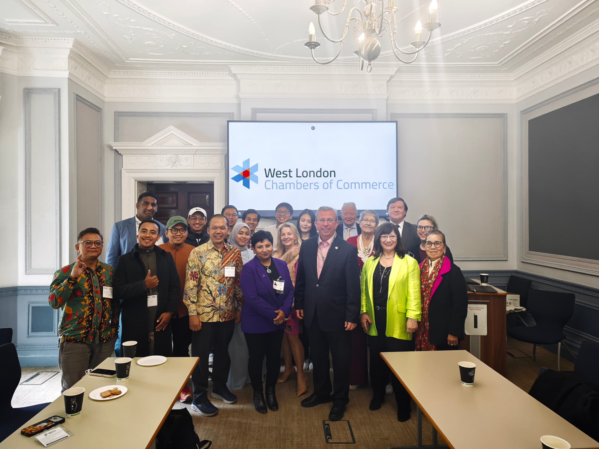 Delegates and organisers posing together at Spring Grove House for the Indonesia trade event